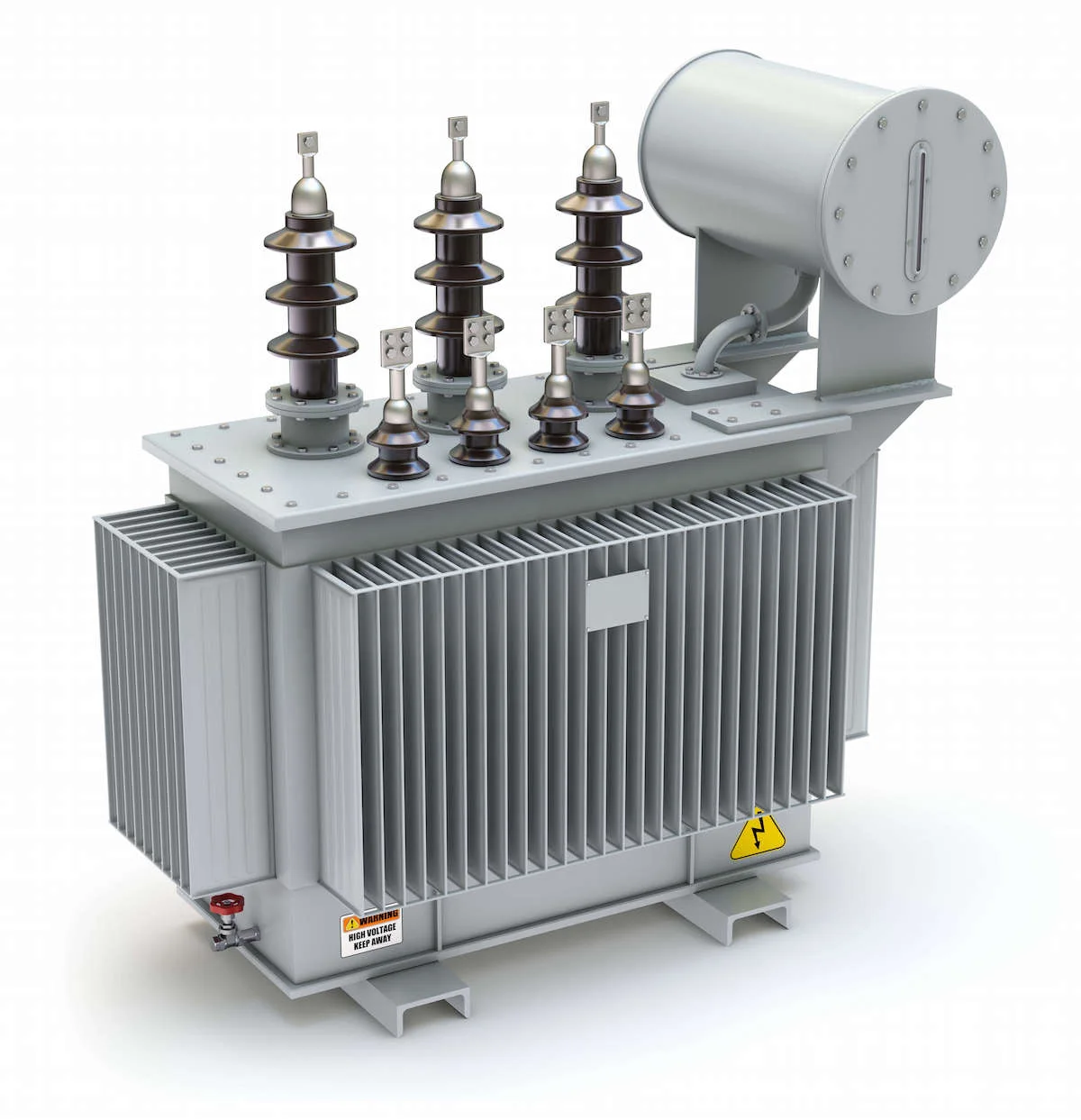 Transformer with cooling fins and outdoor bushings